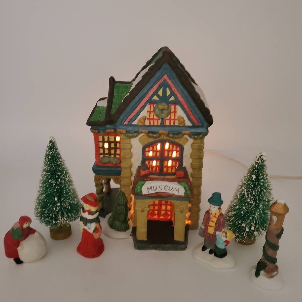 Vintage Christmas Village Museum Light Up Ceramic House with Figures and Trees